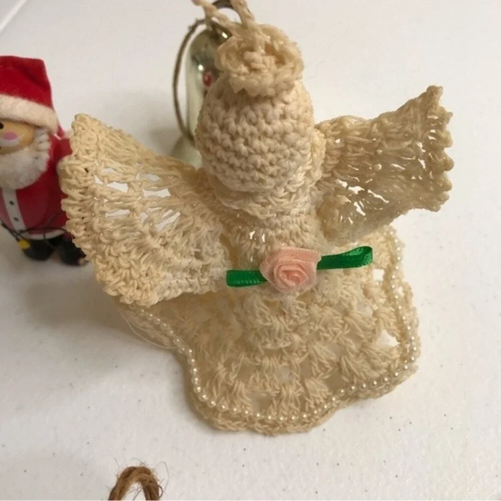 Vintage Assorted Christmas Ornaments Brass Bell Handmade Needlepoint Crochet Lot